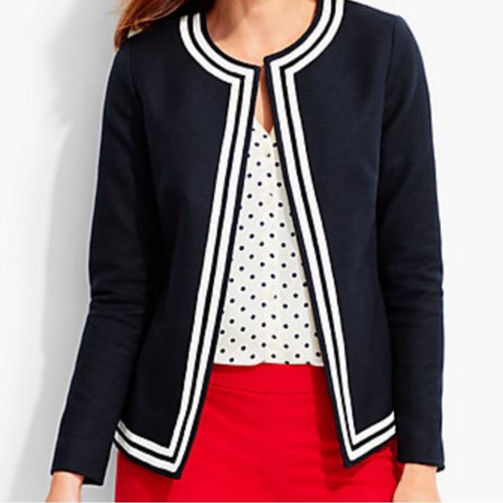 Talbots Women's Navy Blue Textured Jacket with White Trim Size 14 Open Front